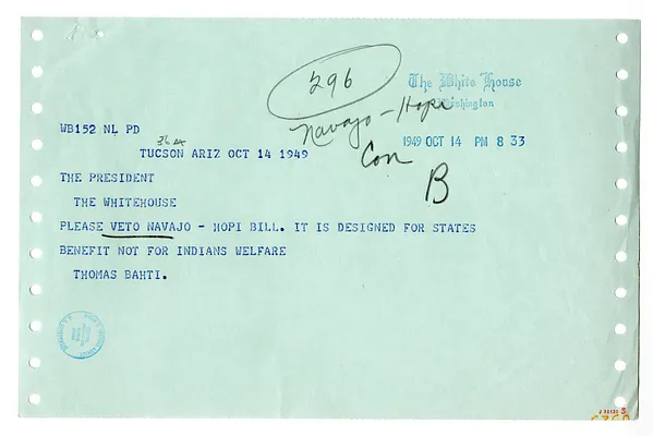 Telegram from Thomas Bahti to President Harry S. Truman