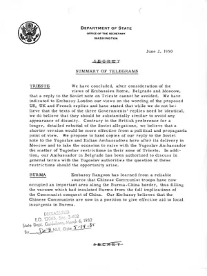Memorandum, State Department Summary of Telegrams