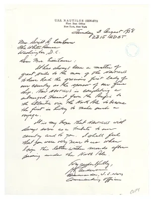 Letter from W. R. Anderson, Commander of the U.S.S. Nautilus, to Mamie Doud Eisenhower