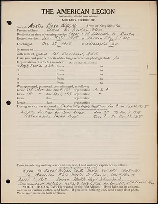 American Legion military record of Austin Blake Mason
