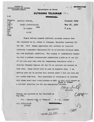 Telegram from Secretary of State George C. Marshall to the American Consul, Geneva, Switzerland