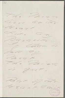 Emily Dickinson, Amherst, Mass., autograph manuscript poem: The Mind lives on the Heart, 1876