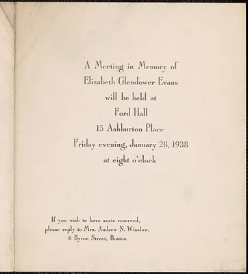 Memorial meeting invitation, [Boston, Mass., 1937]