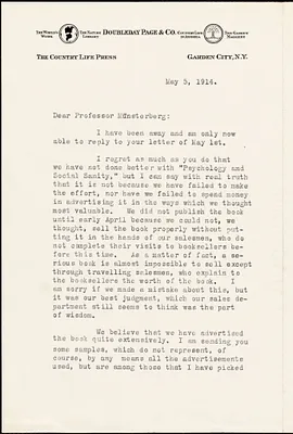 Doubleday, Frank Nelson, 1862-1934 typed letter signed to Hugo Münsterberg, Garden City, N. Y., 5 May 1914