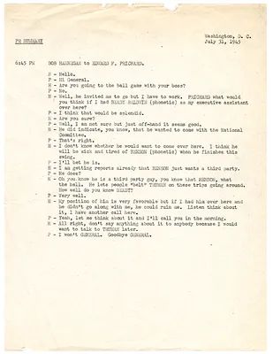 Summary of Telephone Conversations Between [Postmaster General, Robert E.] Bob Hannegan and Edward F. Prichard, Jr.