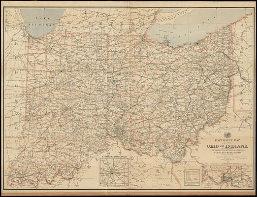 Post route map of the states of Ohio and Indiana with adjacent parts of Pennsylvania, Michigan, Illinois, Kentucky and West Virginia, showing post offices with the intermediate distances and mail routes in operation on the 1st of October 1891