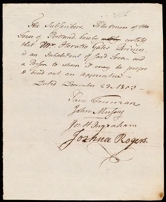 Redman Morris indentured to apprentice with Horatio Gates Quincy of Portland, 6 December 1803