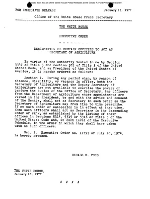 Executive Order - Designation of Certain Officers to Act as Secretary of Agriculture [Executive Order]