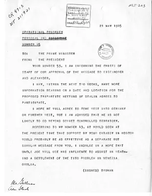 Telegram from President Harry S. Truman to Prime Minister Winston Churchill