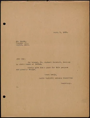 Sacco-Vanzetti Defense Committee typed note (copy) to Mr. Mears, Boston. Mass., September 9, 1925