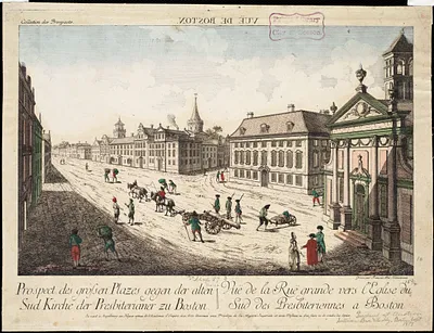 Prospect des grossen Plazes gegen der alten Sud Kirche der Presbiterianer zu Boston