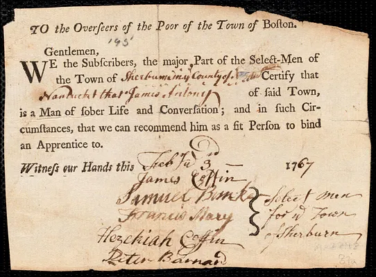Saunders Chambers indentured to apprentice with James Anthony of Sherburn, 7 January 1767