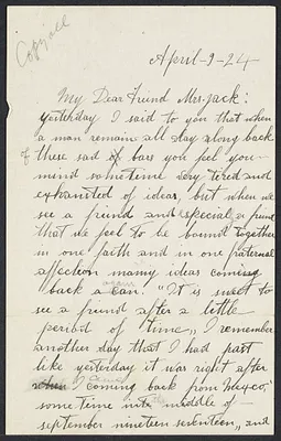 Sacco-Vanzetti Case Records, 1920-1928. Correspondence. Nicola Sacco to Mrs. Cerise Jack, April 19, 1924. Box 38, Folder 57, Harvard Law School Library, Historical & Special Collections
