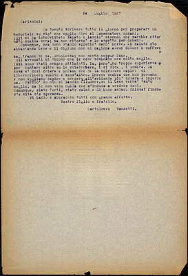 Bartolomeo Vanzetti typed letter (copy) to the Vanzetti family, [Charlestown], 25 July 1927