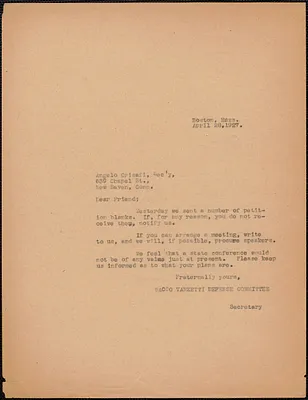 Sacco-Vanzetti Defense Committee typed letter (copy) to Angleo Crisafi, Boston, Mass., April 28, 1927
