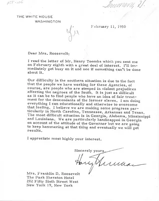 Letter from Harry S. Truman to Eleanor Roosevelt
