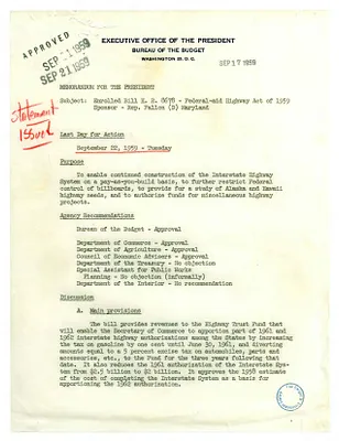 Memorandum from Phillip Hughes to President Dwight D. Eisenhower Regarding the Highway Act