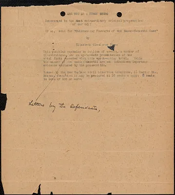 Advertisement for "Outstanding Features of the Sacco-Vanzetti Case" by Elizabeth Glendower Evans, [Boston, Mass., 1924]