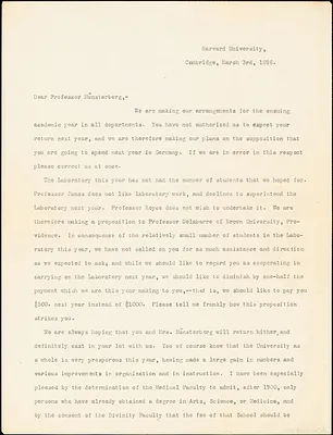 Eliot, Charles William, 1834-1926 typed letter signed to Hugo Münsterberg, Cambridge, Mass., 3 March 1896