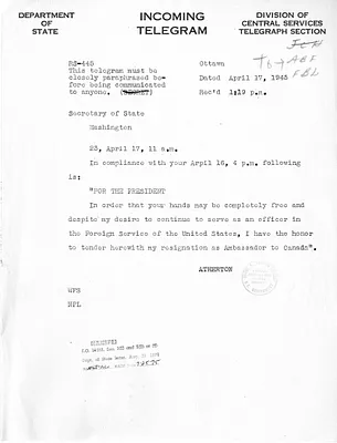 Telegram from Ray Atherton to Secrertary of State Edward Stettinius