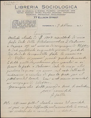 G. Gallo (Liberia Sociologica) autograph letter signed, in Italian, to Aldino Felicani, Paterson, N. J., February 7, 1921