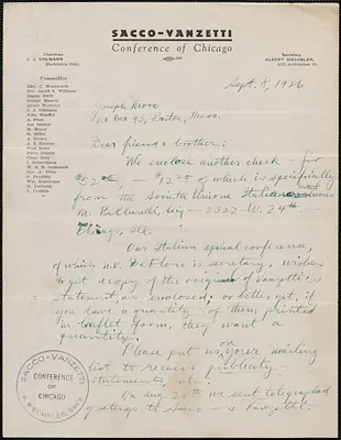 Albert Wechsler (Sacco-Vanzetti Conference of Chicago) autograph letter signed to Sacco-Vanzetti Defense Committee, Chicago, Ill., September 8, 1926