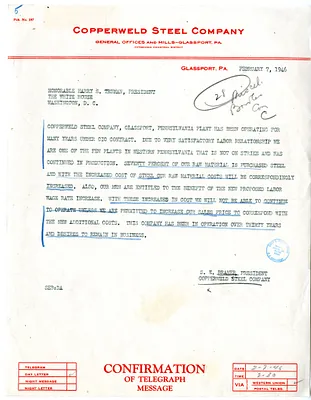 Letter from S. E. Bramer, Copperweld Steel Company to President Harry S. Truman