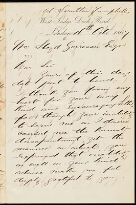 Letter from Robert Ferguson, West India Dock Road, London, [England], to William Lloyd Garrison, 16th Oct. 1867