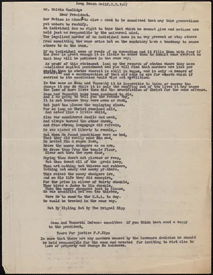 F. P. Kipp typed letter (copy) to Calvin Coolidge, Long Beach, Calif., August 5, 1927