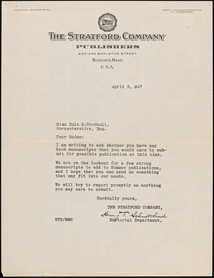 Henry T. Schmittkind (The Stratford Company) typed letter signed to Zula Maud Woodhull, Boston, April 8, 1927