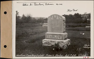 Francis Barlow, Woodlawn Cemetery, new section, lot 24, Enfield, Mass., Sept. 7, 1928