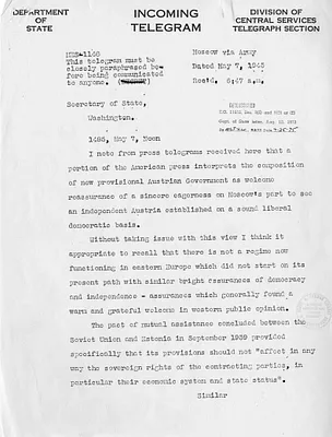 Telegram from George Kennan to Secrertary of State Edward Stettinius