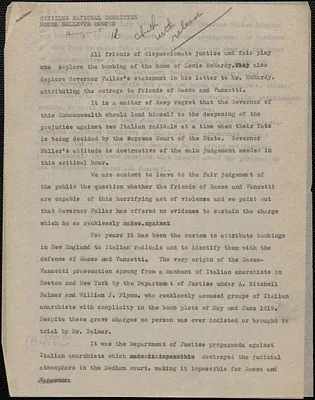 Citizens National Committee for Sacco and Vanzetti press release (copy), Boston, Mass., August 16, [1927]