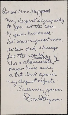 David Ayman typed note signed to Mary Donovan Hapgood, Chestnut Hill, Mass., February 14, 1949