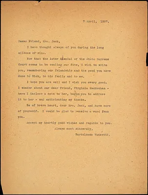 Bartolomeo Vanzetti typed letter (copy) to Cerise Jack, [Charlestown], 7 April 1927