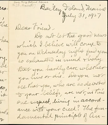 Mary Leland Adams typed letter signed to Bartolomeo Vanzetti, Bailey Island, Me., 31 July 1927
