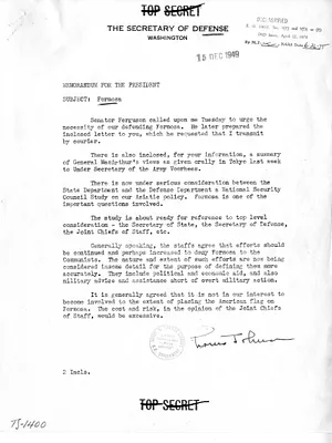 Memorandum from Secretary of Defense Louis Johnson to President Harry S. Truman, with Attachment