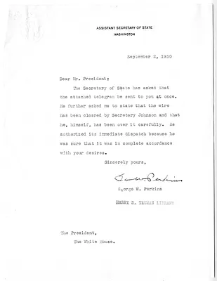 Letter from Assistant Secretary of State George Perkins to President Harry S. Truman, with Attachment