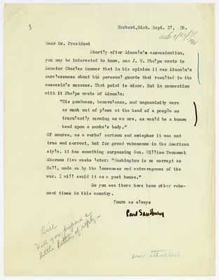 Letter, Carl Sandburg to Franklin Roosevelt