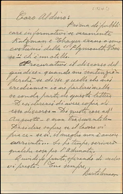 Bartolomeo Vanzetti autographed letter signed to Aldino Felicani, [Charlestown, 1924]