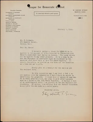 Elizabeth Glendower Evans (League for Democratic Control) typed letter signed to F[red] H. Moore, Boston, Mass., February 6, 1924
