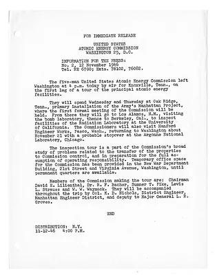 United States Atomic Energy Commission Press Release