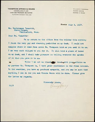 Romney Spring typed note signed to Bartolomeo Vanzetti, Boston, 5 July 1927