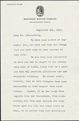 Greenslet, Ferris, 1875-1959 typed letter signed to Hugo Münsterberg, Boston, 4 September 1913