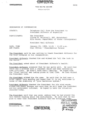 Telephone Call from the President to President Alfonsin of Argentina, January 23, 1989