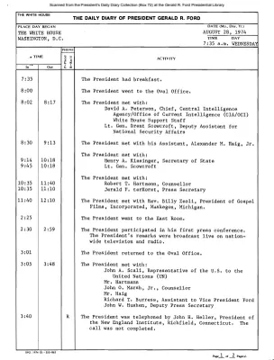 President Gerald R. Ford's Daily Diary, August 28, 1974