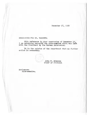 Memorandum from John F. Simmons to William D. Hassett