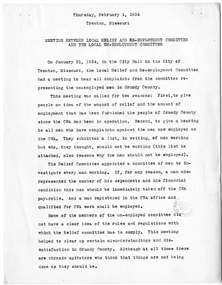 Notes of Meeting Between Local Relief and Re-Employment Committee and the Local Un-Employment Committee, Trenton, Missouri