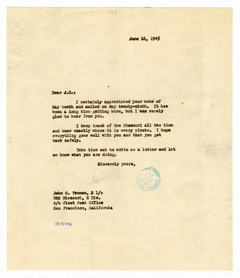 Letter to J. C. Truman from President Harry S. Truman, with Attachments