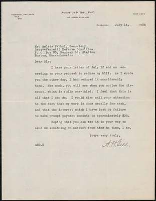 Augustus H. Gill typed letter signed to Amleto Fabbri, Boston, Mass., July 14, 1925